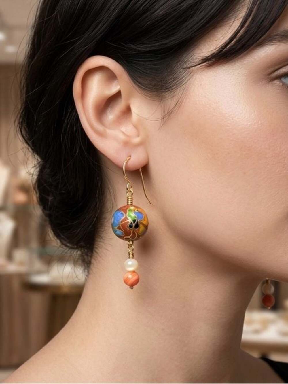 Artisan Rust Cloisonné Hand Wrapped w/ Cream & Orange Mother of Pearl Earrings